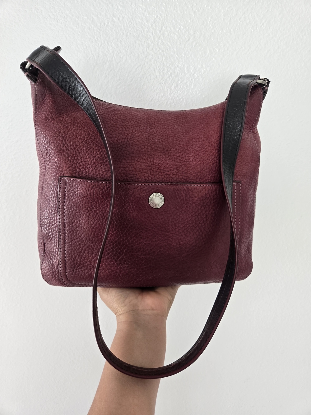 Coach Burgundy Pebbled Shoulder Bag with Brown Strap Silver Hardware Zip F10891